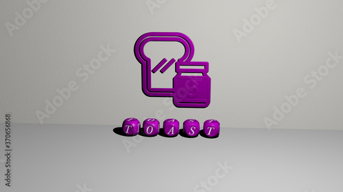 TOAST 3D icon on the wall and text of cubic alphabets on the floor. 3D illustration. bread and breakfast