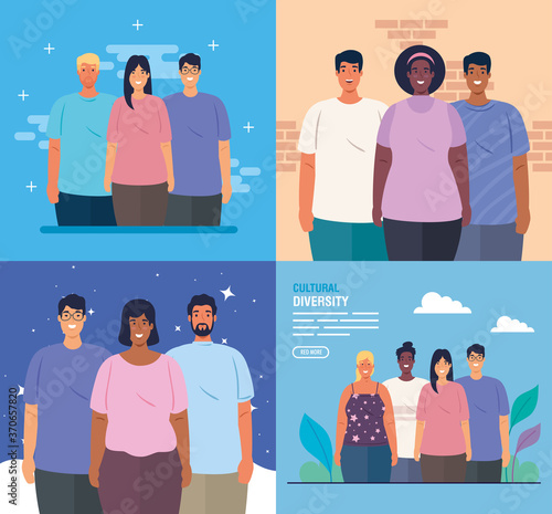 set scenes of multiethnic people together, cultural and diversity concept vector illustration design