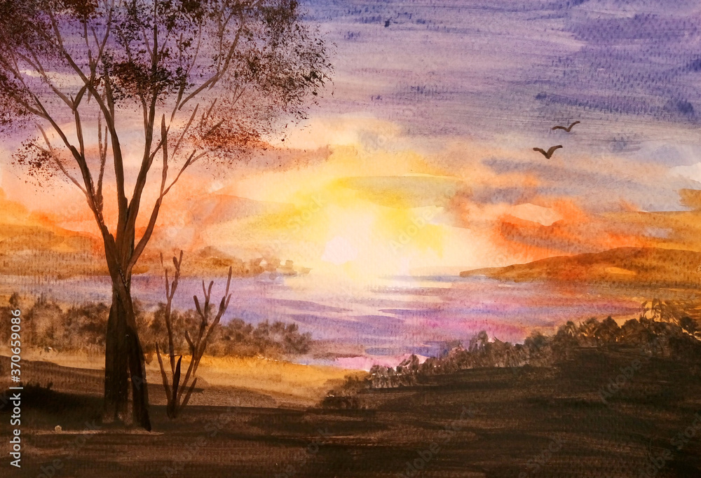 landscape sunset on the lake with a tree in the foreground, watercolor painting
