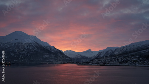 Fjord sunrise off the coast of Narvik, Norway