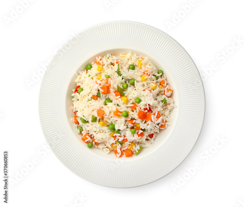 Plate with tasty pilaf on white background