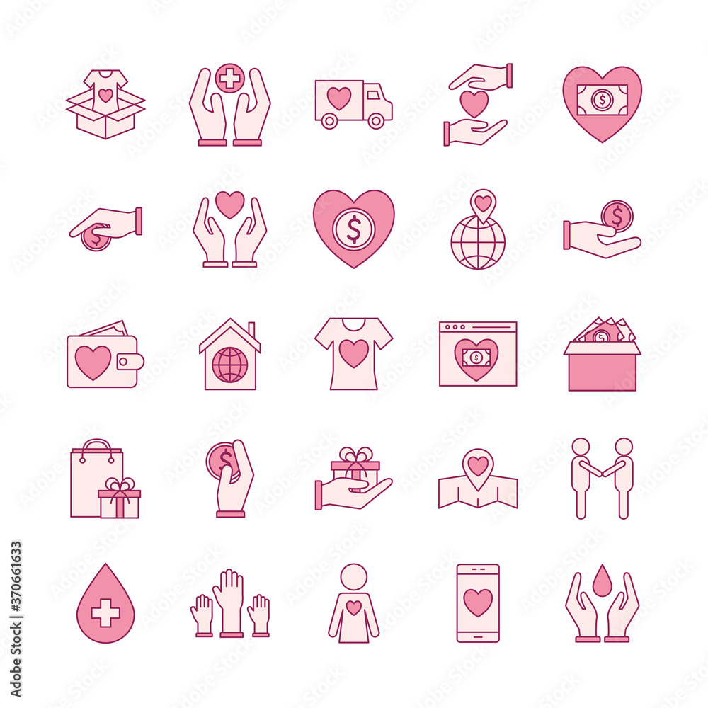 line and fill style symbols set design of Charity and donation theme Vector illustration line and fill style symbols set design of Charity and donation theme Vector illustration