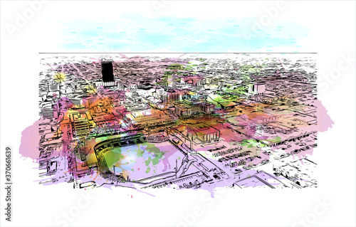 Building view with landmark of Amarillo is a city in the Texas Panhandle. Watercolor splash with hand drawn sketch illustration in vector.