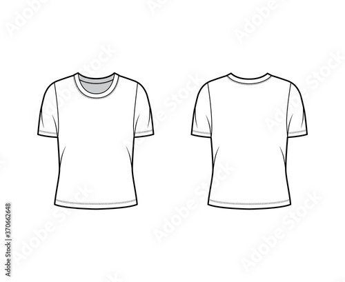 Crew neck jersey t-shirt technical fashion illustration with short sleeves, oversized body. Flat sweater apparel template front, back white color. Women, men unisex outfit top CAD mockup