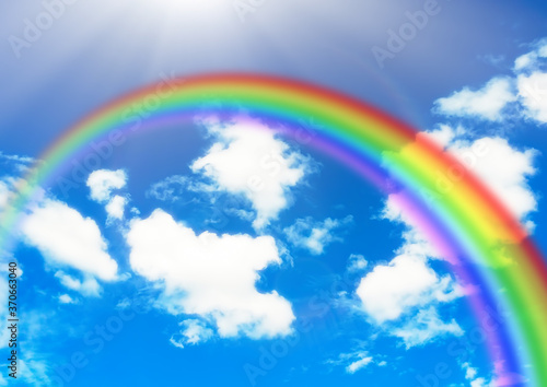 青空に架かる虹とふわふわした白い雲