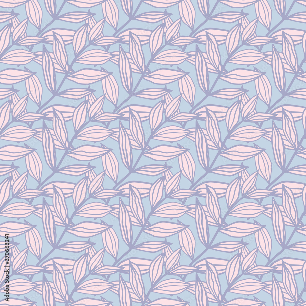 Pastel tones seamless pattern with outline leaves ornament. Pink foliage with blue contour. Simple floral backdrop.