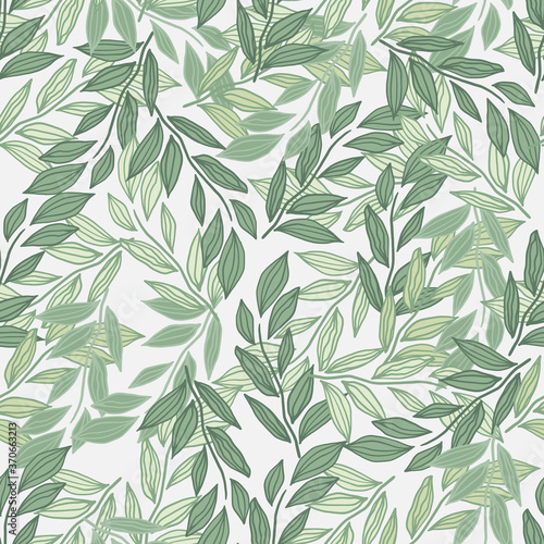 Seamless light pattern with outline foliage silhouettes. Leaves with green contour. White background. Isolated random floral print.