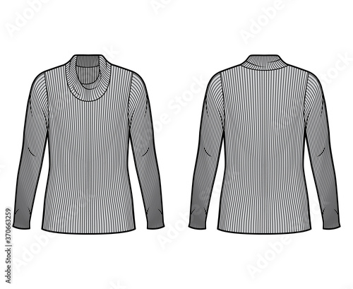 Ribbed cowl turtleneck knit sweater technical fashion illustration with long sleeves, oversized body, tunic length. Flat sweater apparel template front back grey color. Women men unisex shirt top CAD