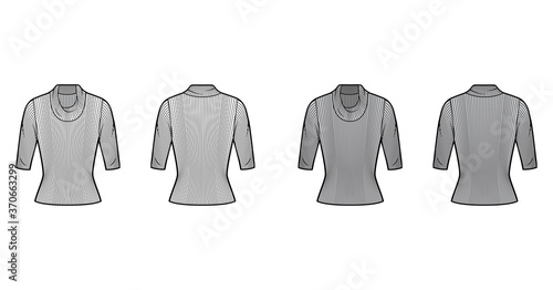 Ribbed cowl turtleneck knit sweater technical fashion illustration with elbow sleeves, close-fitting shape. Flat sweater apparel template front, back white grey color. Women, men unisex shirt top CAD