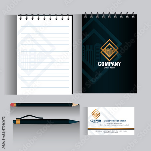 corporate identity brand mockup, set business stationery, black mockup with golden sign vector illustration design