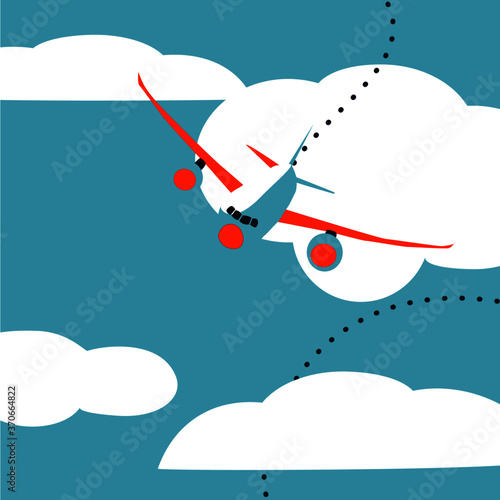 Flat design travel vector with copy space.  Plane, jet, sky, clouds, travel agency graphic.  Fully editable Vector