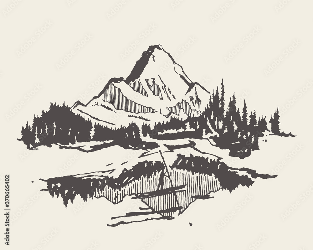 Mountain spruce forest lake man boat vector sketch