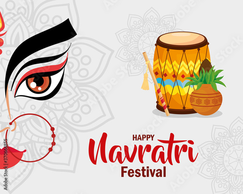 happy navratri celebration poster, face durga and decoration vector illustration design