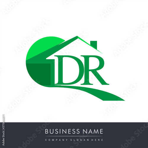 initial logo DR with house icon, business logo and property developer.