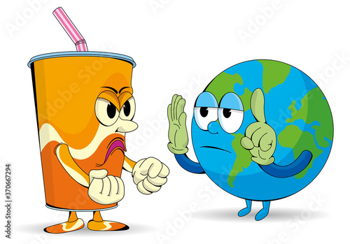 Cartoon of planet earth arguing with an angry disposable plastic cup on white background. Vector image