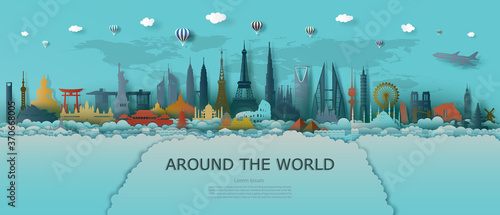 Travel landmarks architecture world with world map and turquoise background.