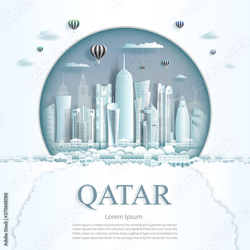 Travel Qatar monument in Kuwait city modern building in circle texture background.