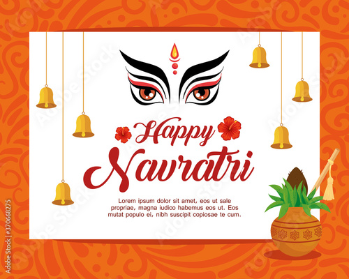 happy navratri celebration poster with face durga and decoration vector illustration design