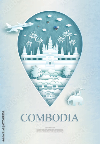 Travel Angkor Wat monument pin in Cambodia with ancient architecture.