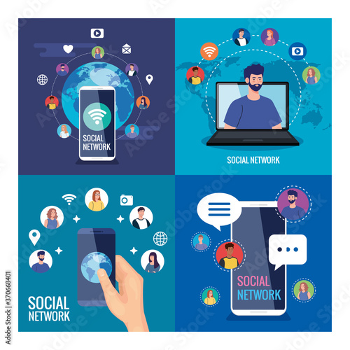 set posters of social network, people connected digitally, interactive, communication and global concept vector illustration design