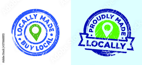 Locally made and Proudly made locally stamps in circle shapes. Grunge texture. Vector illustrations.
