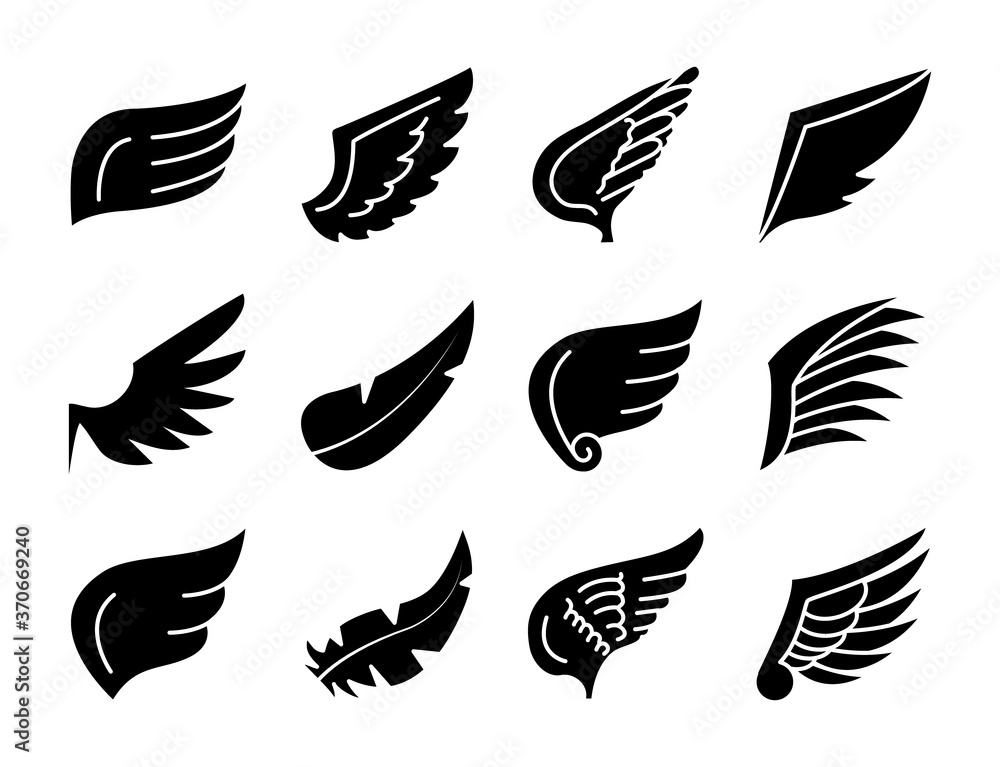 feather and wings icon set, silhouette style feather and wings icon set, silhouette style