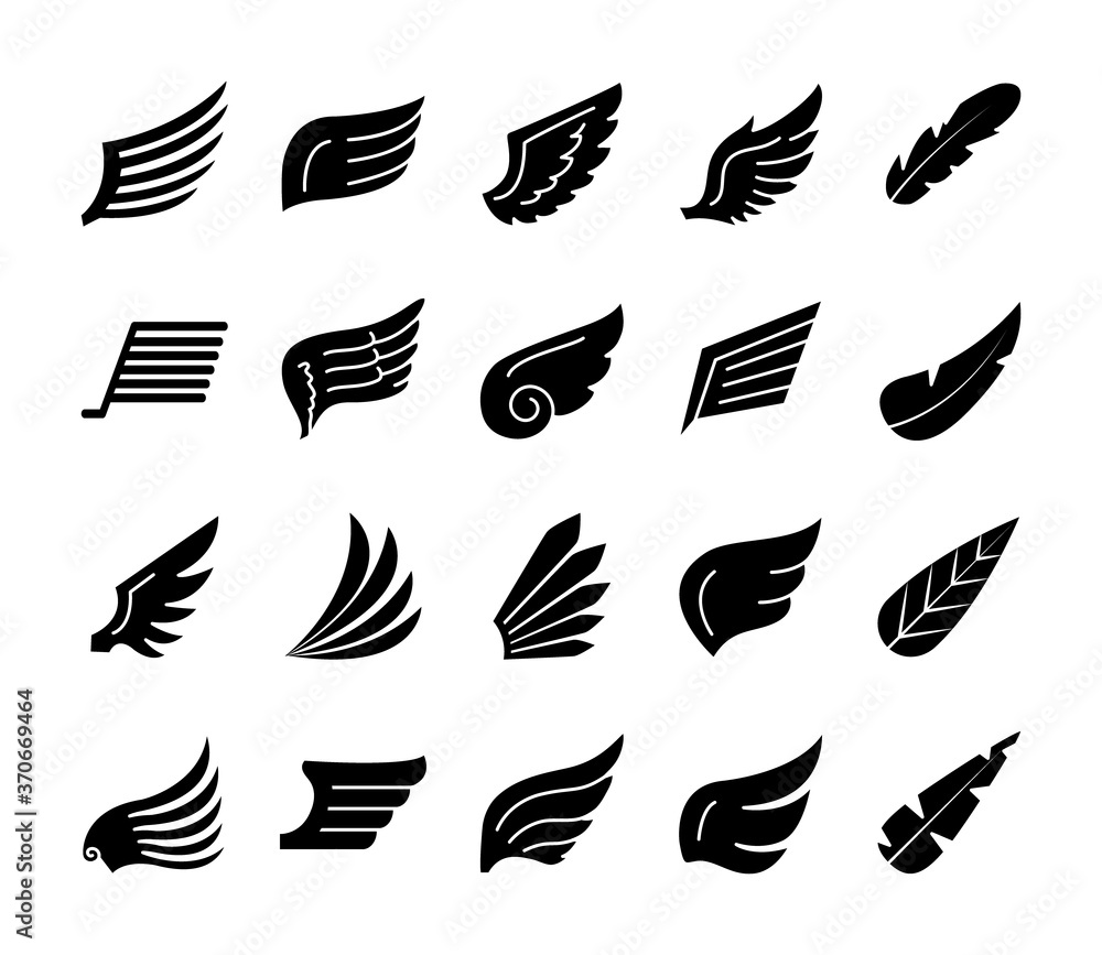 bird wings and wings icon set, silhouette style bird wings and wings icon set, silhouette style