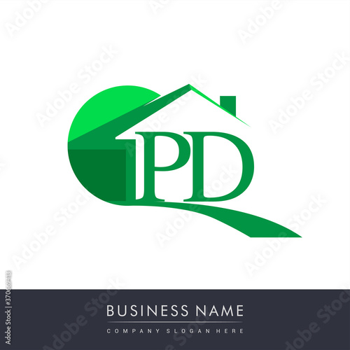 initial logo PD with house icon, business logo and property developer.