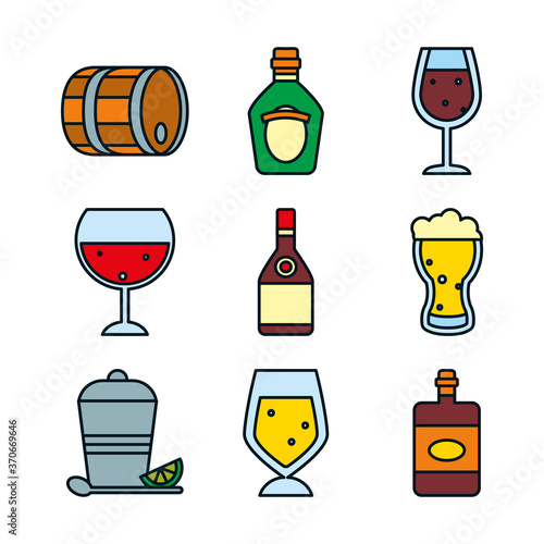 barrel and liquor bottles icon set, line and fill style