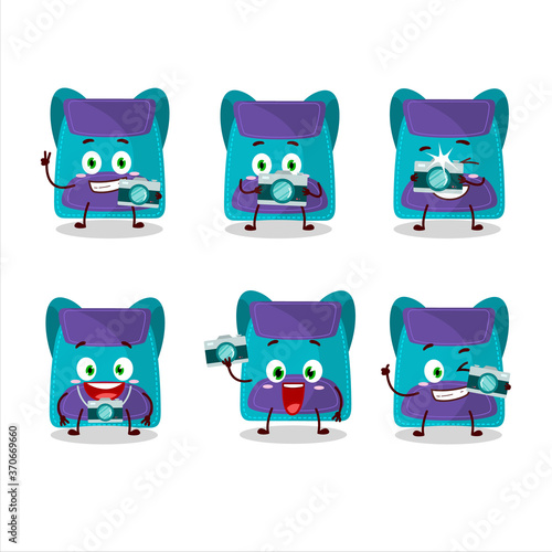 Photographer profession emoticon with blue bag cartoon character