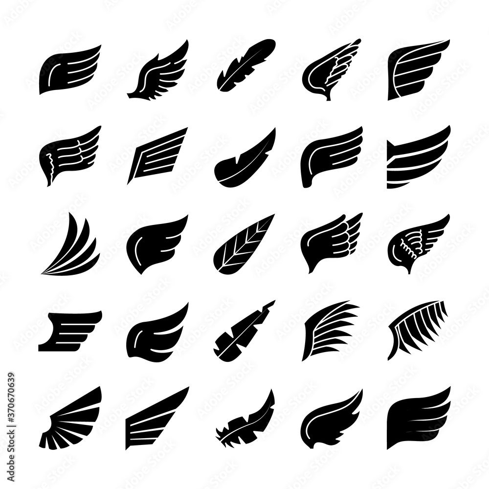 Fototapeta premium wings and feathers icon set, silhouette style
