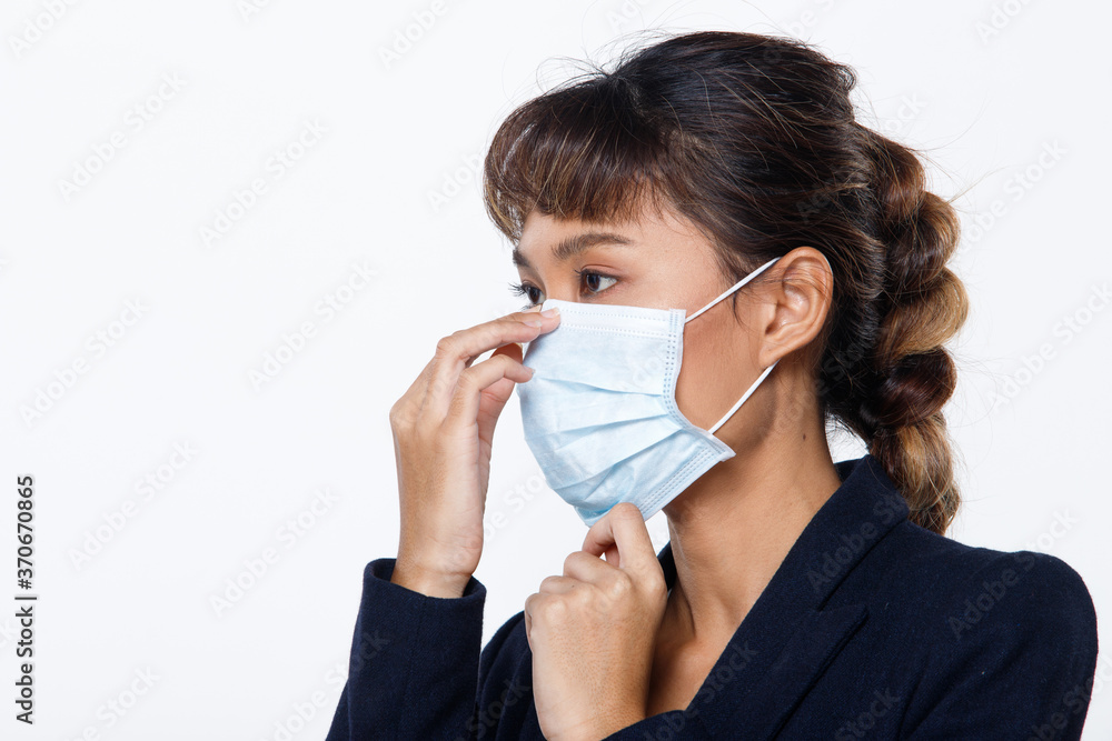 woman wear protective face surgical mask and protect covid virus woman wear protective face surgical mask and protect covid virus