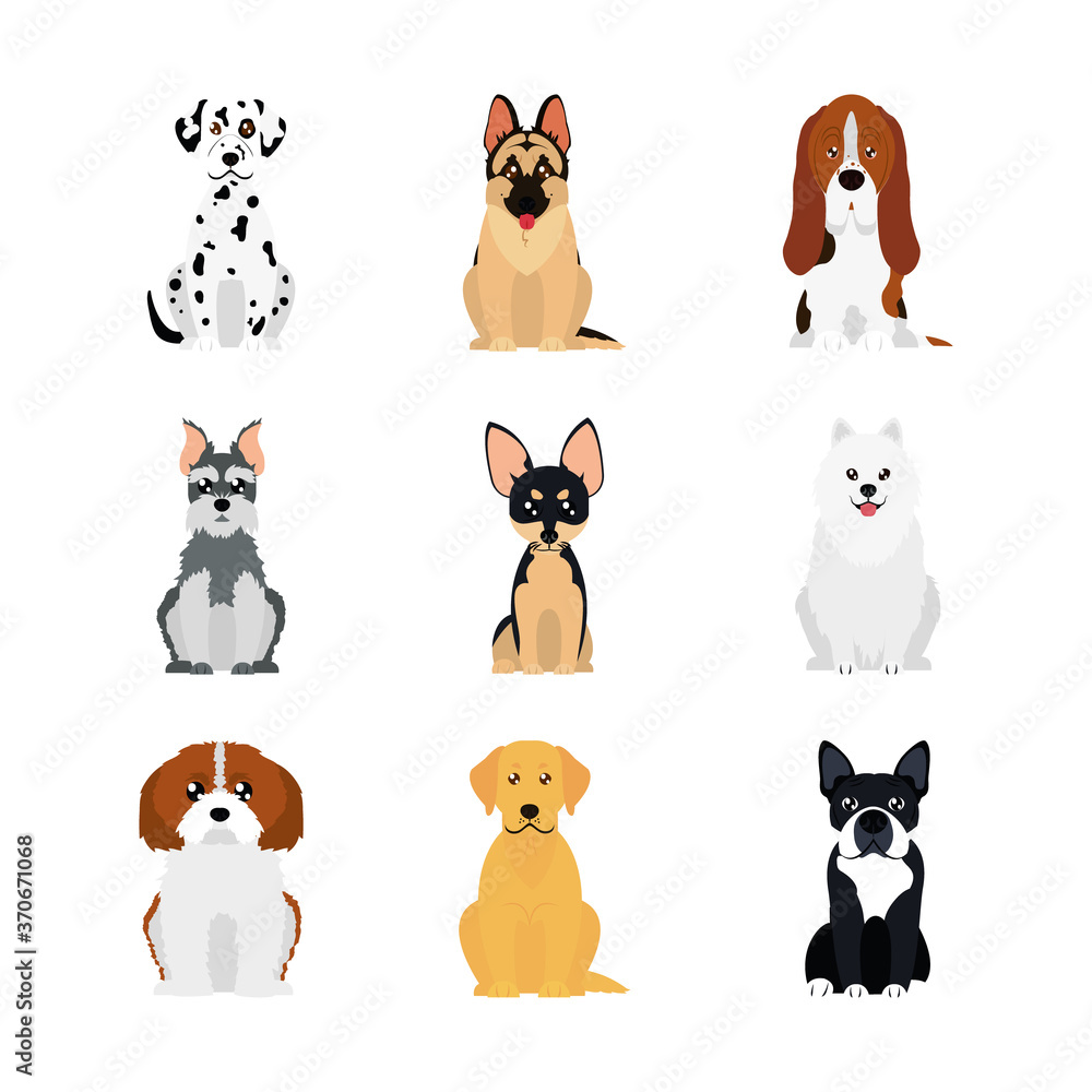 cartoon dalmatian dog and dogs icon set, flat style cartoon dalmatian dog and dogs icon set, flat style