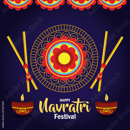 happy navratri celebration poster with mandala and decoration vector illustration design