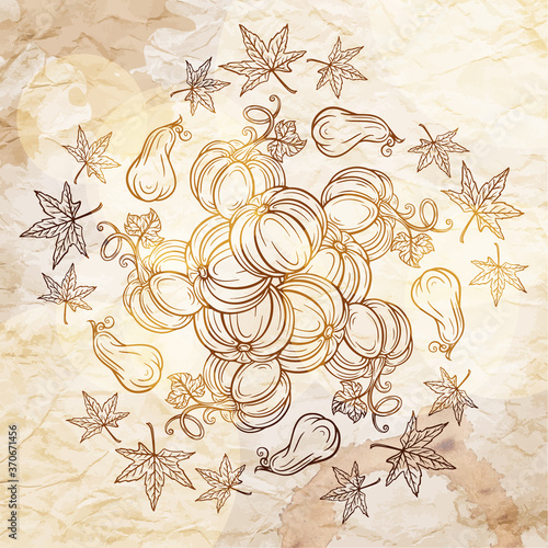 Black and white autumn motif on a grunge paper background. Pumpkins and autumn leaves decorative illustration