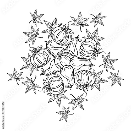 Black and white autumn ornament. Pumpkins and autumn leaves coloring page
