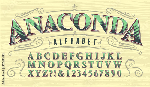 Anaconda Font. Antique Style Vintage Alphabet. Old West or Circus Style of Lettering for Saloons, Gambling, Card Games, Poker, etc.