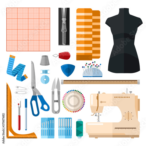 Set for sewing on white background. Collection for sew threads, machine, needles, thimble, buttons, pins, scissors, zipper, ruler, bobbin, graph paper
