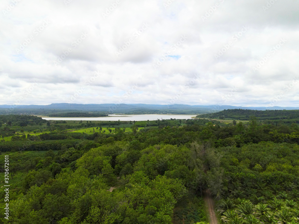 High angle shot forest with river and mountain landscape. Sisaket Thailand