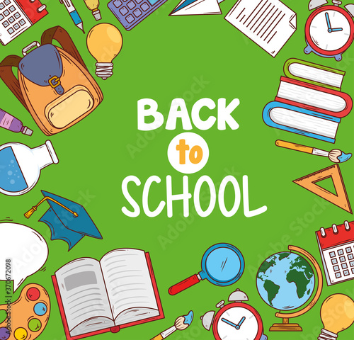 back to school banner with set supplies education icons vector illustration design