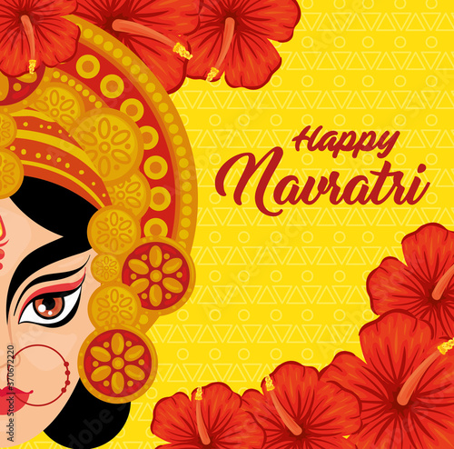 happy navratri celebration poster with face durga and flowers vector illustration design