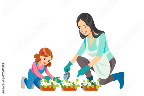 Mother and daughter, gardening together planting flowers in the garden. Concept motherhood child-rearing. Mother's day holiday concept. Cartoon flat isolated vector design