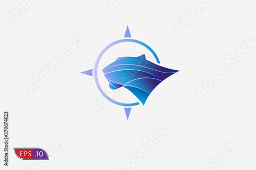 lion head Logo, compass and lion head combination in gradient blue colour, 3d abstract modern lofo design template, vector illustration