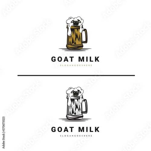 Creative goat and milk logo design vector cartoon illustration