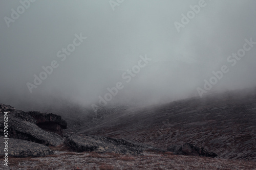 misty fog in caucasus mountains 