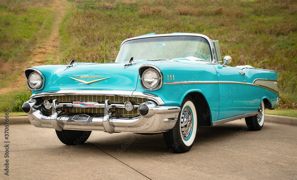 Front Side View Of An Aqua Color 1957 Chevrolet Bel Air Convertible Classic Car On October 21 2018 In Westlake Texas Stock Photo Adobe - 1957 Chevy Teal Paint Code