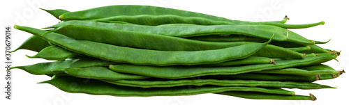 Green beans pods closeup. Isolated over white background