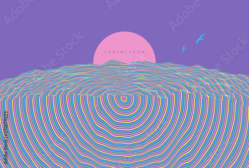 Futuristic violet night sky with the full moon. Pattern with optical illusion. Abstract striped background. 3d vector illustration.