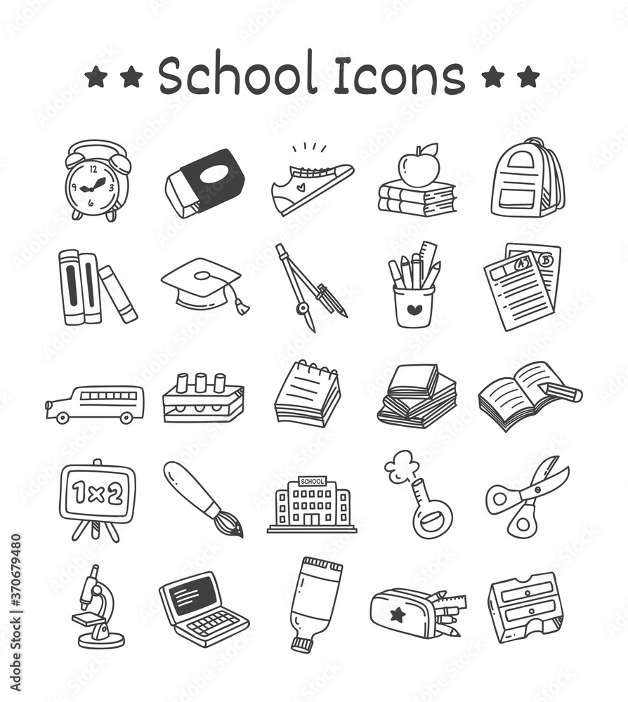 Set of School Icons in Doodle Style Vector Illustration