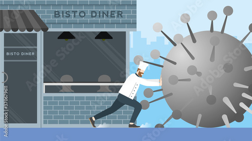 The economic impact of COVID-19 pandemic. Chef or business owner fights against the virus by stopping giant coronavirus before it destroys his bistro cafe.